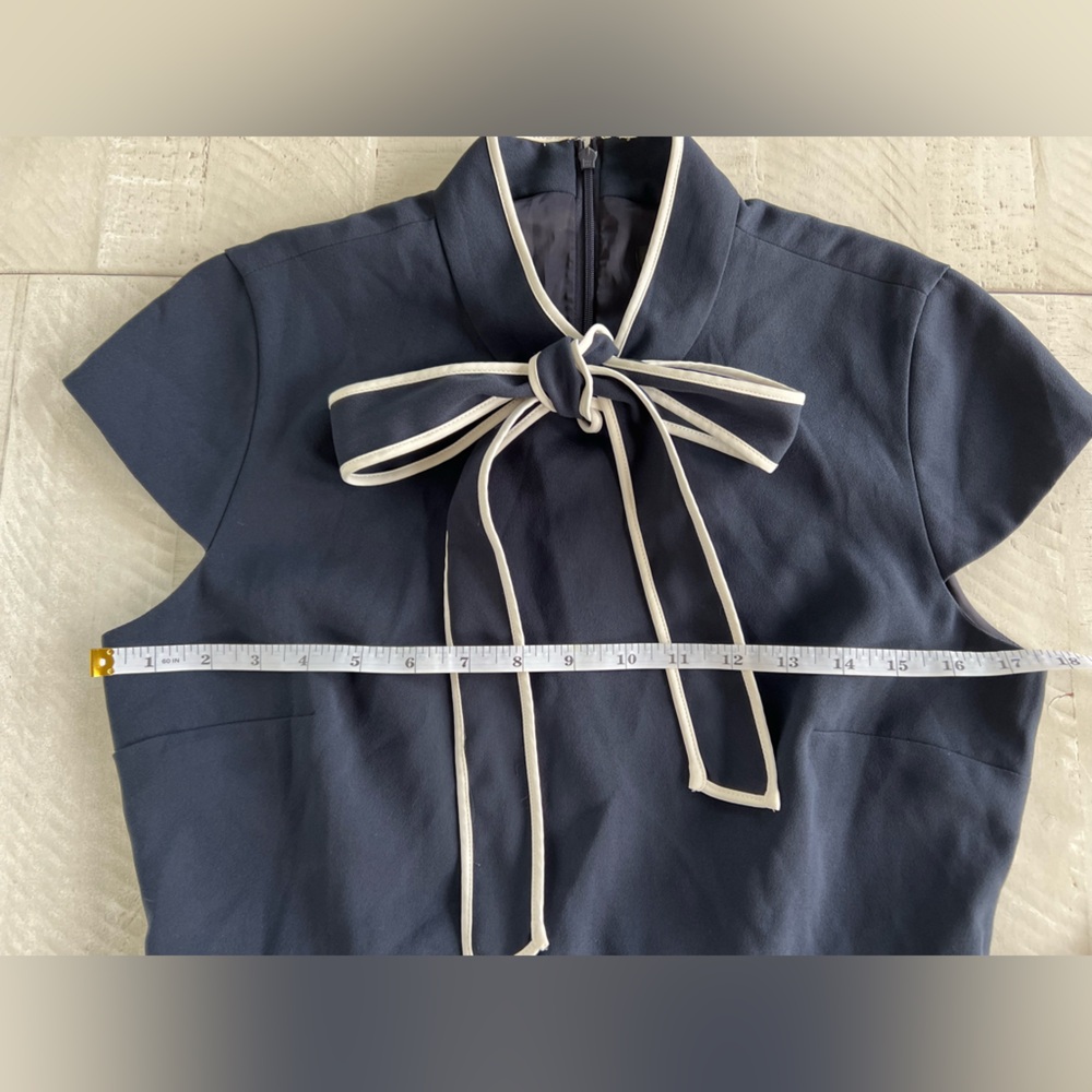 J Crew NWT Bow Tie Neck Dress 
Crepe Cap Sleeve  Navy Blue & White size 8 - Picture 5 of 9